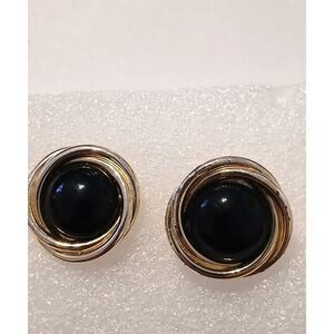 Napier Black Cabochon Earrings Gold Tone Vintage Signed Classic